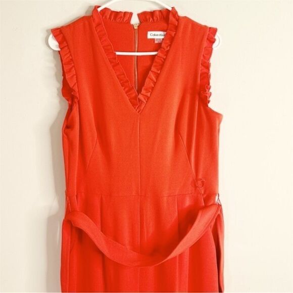 NWOT Calvin Klein Women's Orange Belted Ruffled Trim Jumpsuit - Picture 2 of 4